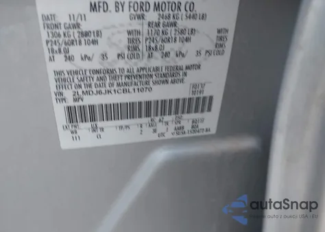 2012 Lincoln Mkx из США, поврежденный, VIN 2LMDJ6JK1CBL11070